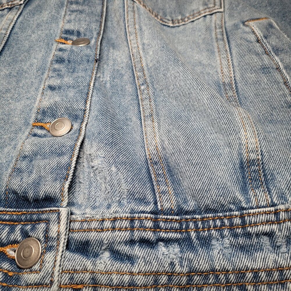 Celebrity Pink Oversized Patchwork Denim Jacket Distressed Womens Small Retro - Picture 4 of 11